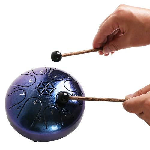 Image of Rayzm Steel Tongue Drum with a Carry Bag, 5 Inches (13cm) 8 Notes Diatonic Scale Handpan Tank Drum Kit, Portable C-Key Percussion Instrument.