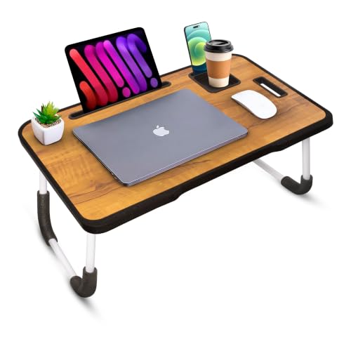 Image of TEKCOOL Smart Multipurpose Foldable Laptop Table with Cup Holder, Study Table, Breakfast Tables, Foldable and Portable /Ergonomic & Rounded Edges /Non-Slip Legs (Wood NEW)'
