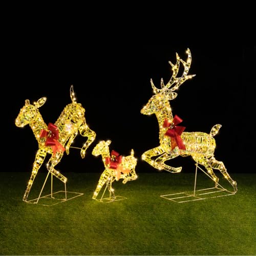 BAKAJI Famiglia 3 Renne Luminose Natalizie Luce Bianco Caldo per Esterno, Cervi Babbo Natale LED Addobbo Decorazione 3D, Decorazioni Renna Fuoriporta, Giardino, Terrazzo, Protezione IP44