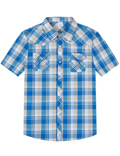 Image of COSLAND Boy's Toddler Cotton Western Short Sleeve Button Down Plaid Shirt, 4-14 Years