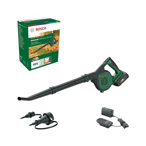 Bosch 18V Cordless Leaf Blower with 2-Speed Selection, Includes Leafblower Nozzle, Inflator Nozzle, 2.5Ah Battery and Fast Charger (UniversalLeafBlower 18V-130)