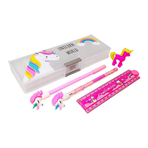 Parteet Combo (Pack of 5 Itmes) Unicorn Dual Side Magnatic Pencil Box with 1 Unicorn Pen,1 Unicorn Pencil,1 Unicorn Eraser and 1 Folding Scale)