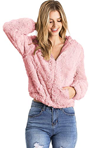 Ambiance Women's Soft Faux Fur Hoodie Jacket (L, Mauve)