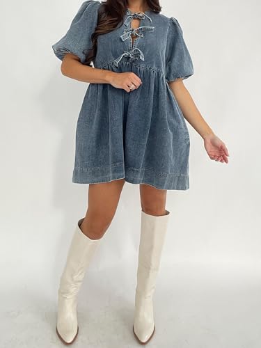 Image of Women Tie Front Denim Dress Round Neck Puff Sleeve A-line Mini Jean Dress with Pockets