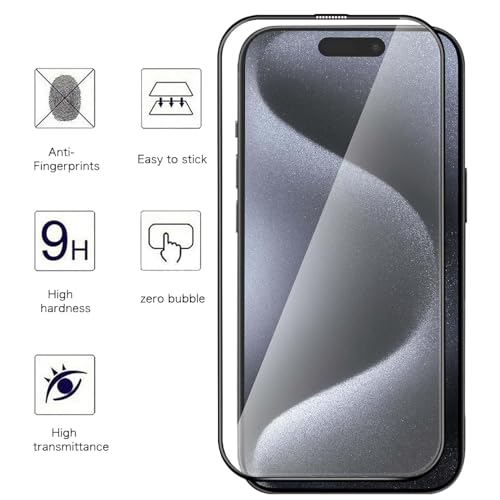iPhone 15 Screen Protector, 2 Pack Tempered Glass Film for iPhone 15 6.1 inch, 9H Mobile Phone Screen Protectors Anti-Scratch Anti-Shatter Anti-Impact Bubble Free Ultra Resistant 0.33mm HD Clear