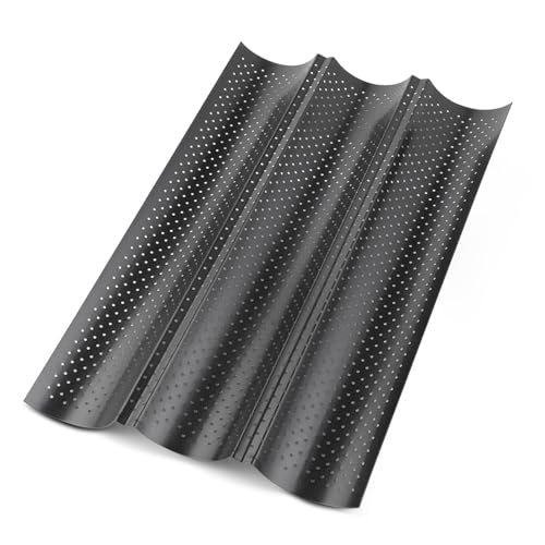 KITDAHOM 3 Stück Baguette Backform - Baguetteblech 38x24,5x2,2 cm - Lebensmittelechter Karbonstahl - Antihaftbeschichtet - Ideal für Bäckereien, Hausgebrauch (Schwarz)