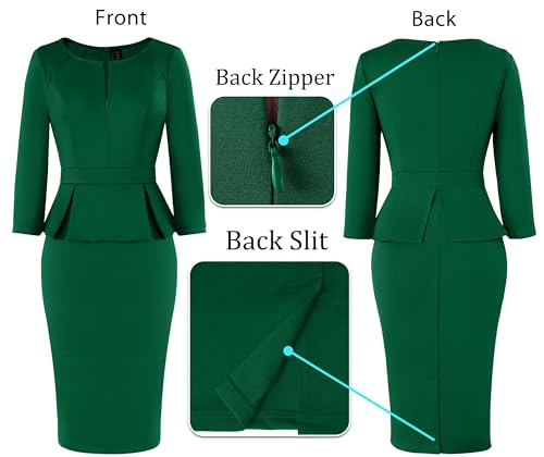 Image of VFSHOW Womens Wear to Work Front Zipper V Neck Peplum Business Office Church Flattering Pencil Sheath Dress