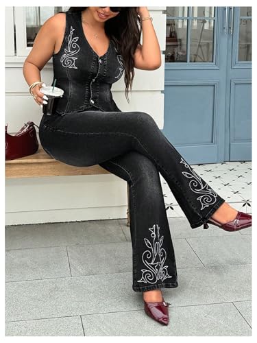Floerns Women's Plus Size Embroidery Denim Vest Sleeveless Button Down Jean Waistcoat4