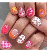 Short Square Press on Nails Pink Fake Nails French Tips False Nails with Rainbow Colorful Flower ...