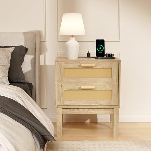 OWIPAW Rattan Nightstand with Charging Station, Boho Bedside Tables with 2 Drawer, Natural Wood Bed Side End Tables, Multi-Functional Storage Cabinet Suitable for Living Room/Bedroom/Hallway