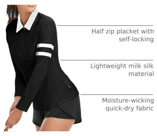 Soneven Women's Long Sleeve Golf Polo Shirts Moisture Wicking Quick Dry Half-Zip Pullover Athletic Workout Striped Tops (Black, Medium) by Soneven - Used condition - US$28.49