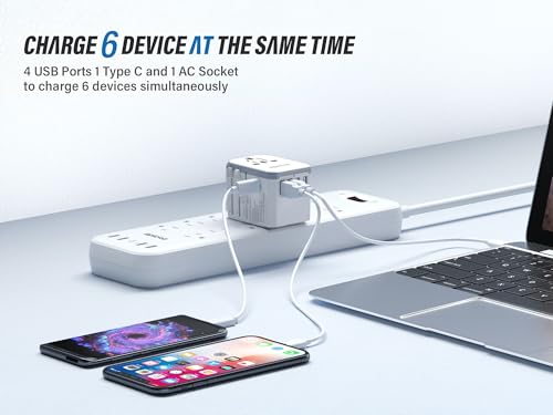 EPICKA Universal Travel Adapter, European Travel Plug Adapter - International Power Adapter Worldwide Charger with USB-C & 4 USB-A Ports, Travel Essentials for Italy, Japan, Europe, UK (TA-105, White) - Image 3