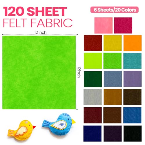 Image of Moukeren 120 Pcs 12 X 12 Inch Felt Sheets, 20 Colors | Stiff Fabric Squares Ideal Craft Sewing, DIY Patchwork Projects, Nonwoven Material, Bulk Supply Holiday and Festival Decor