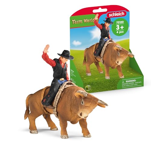 Schleich Farm World Cowboy Bull Riding 4-Piece Cowboy Toy Set for Rodeo Fans & Kids Ages 3+