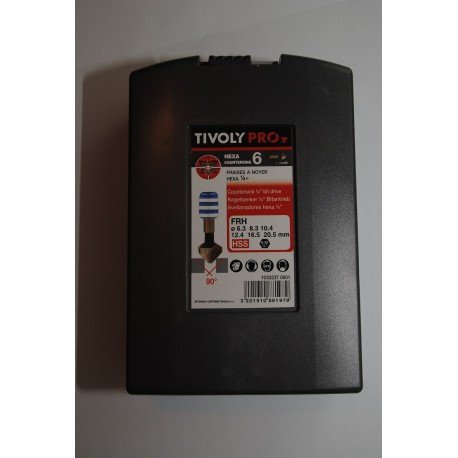Tivoly 10332370001 Coffret 6 Fraises a Noyer Avec Porte-embout Queue Hexa 6,35mm, Contient Ø6,3/8,3/10,4/12,4/16,5/20,5mm + 1 Porte-embouts