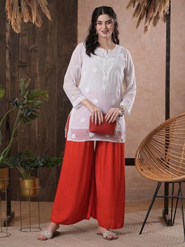 Image of Ada Women's & Girl's Georgette Hand Embroidered Lucknow Chikankari Regular Fit Short Kurti Top with Slip A911300