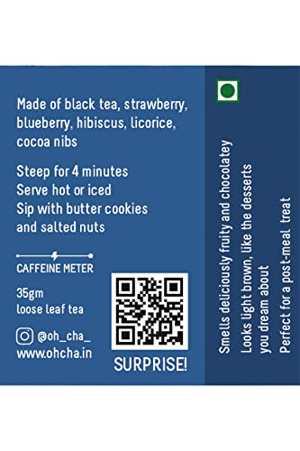 Image of OH CHA - Blueberry Cheesecake Flavoured Tea, 35gms | Darjeeling Black Tea Leaves blended with Strawberry & Blueberry pieces, Cocoa nibs & Rose petals | Blended Darjeeling Whole Leaf | Zero Calories, No Added Sugar | Brew Hot or Iced