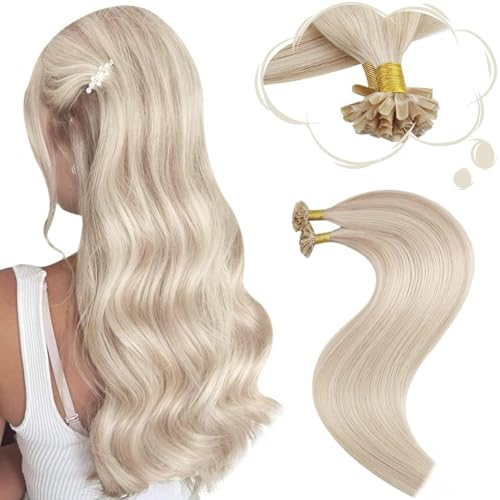 Moresoo Extension Cheveux Naturel Keratine Blond Cendré avec Blond Platine Remy Extension Keratine Cheveux Naturel Humain Lisse 50 Mèches 35 cm 40g #P18/613