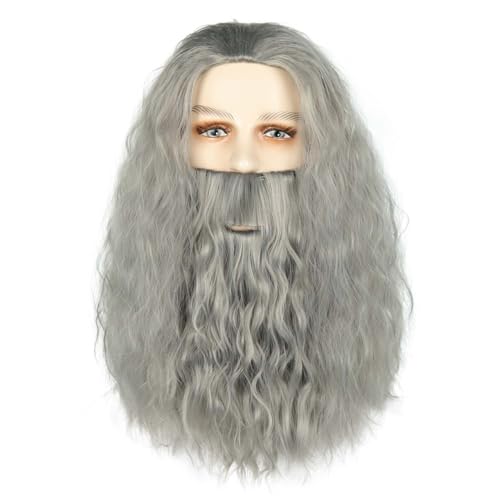 Grey Wizard Wig and Beard Set - Long Wavy Silver Grey Hair with Matching Mustache - Magic Sorcerer Cosplay Costume for Men - Realistic Old Man Wig for Halloween Carnival Medieval Theme Party