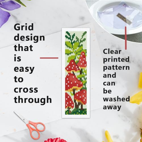INFUNLY 6pcs Mushroom DIY Cross Stitch Bookmark Kits 2.4''x7.9'' Plants Stamped Embroidery Bookmark Kit with Instruction Red Mushroom Embroidery Bookmark Set including Pre-Printed Plants for Book Lovers - Image 3