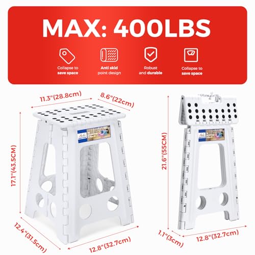 Image of ACKO Folding Step Stool Foldable 17.5 Inch 400 lbs Capacity, Plastic Stools for Adults and Kids, Collapsible Stools for Kitchen, Stepping Stool with Handle (White)