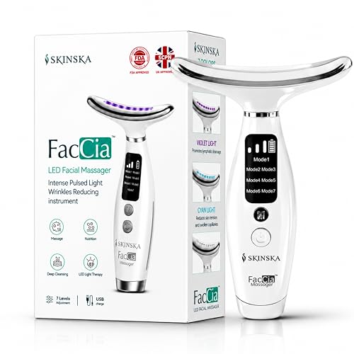 Image of Faccia 7 Color LED Facial Massager for Face & Neck | Red Light Therapy, Heat & Ultrasonic Vibration | Skin Tightening & Wrinkle & Anti-Ageing Device | 7 Intensity Levels | USB Rechargeable