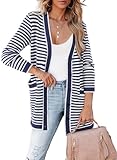 Dokotoo Cardigan Sweaters for Women Stripe Open Front Button Down Womens Cardigan Fall Outfits for Women 2024 Blue Small