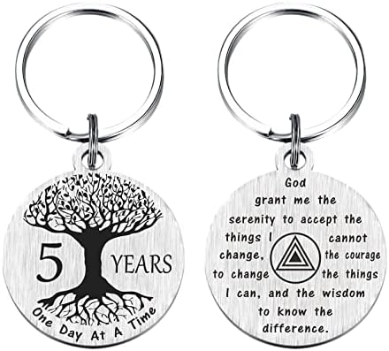TANWIH 5 Year Sobriety Keychain - Stainless Steel Tree of Life Keychain with Inspirational Quotes - Recovery Gift for Men and Women