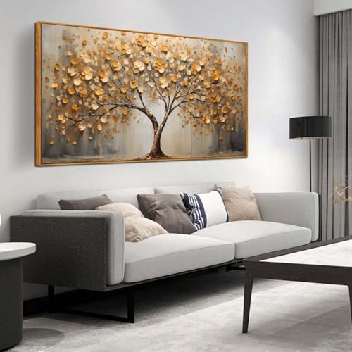 Toile abstraite d'arbre doré pour salon et chambre | Décoration murale géante