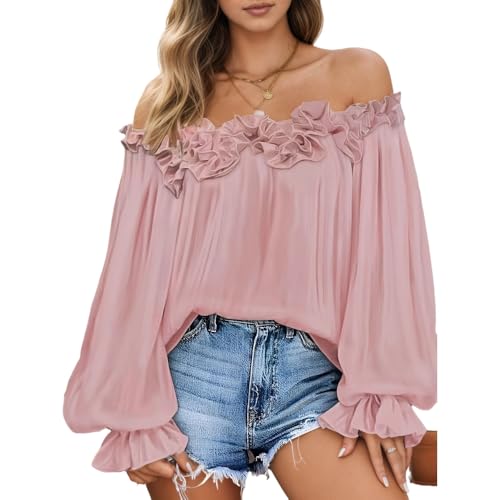 Women's Dressy Casual Off The Shoulder Tops Trendy Solid Color Puff Long Sleeve Loose Fit Ruffle Blouses Shirts
