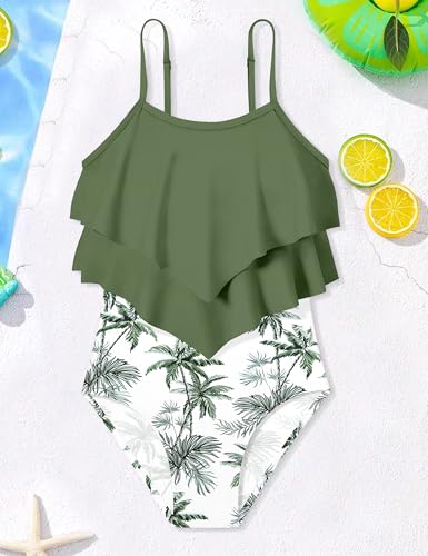 Image of Girls Swimsuit Color Block One Piece Swimsuit 2-Tiered Ruffle Bathing Suit Adjustable Strap Girls' Swimwear 7-16Y