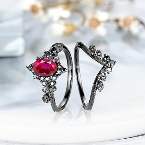 10K 14K 18K Gold Created Ruby Rings Set for Women Red Ruby Art Deco Promise Engagement Wedding Anniversary Ring Set Gemstone Unique Bridal Band Size 4-123