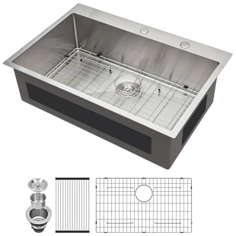 Lordear 33 Inch Drop In Kitchen Sink 33x22 Stainless Steel Topmount Sinks 16 Gauge T304 Single Bowl Kitchen Sink With 3mm Thickened Plate Round Corners Cover