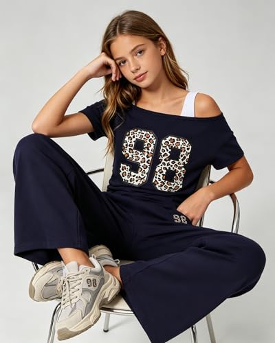 Image of Teen Girls Clothes Off the Shoulder Top and Wide Leg Pants Matching Outfit Set with Pockets Size 7-16