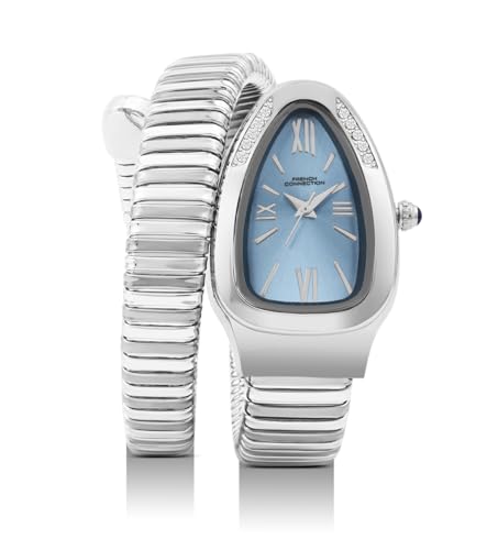 Image of French Connection Eternelle Curve | Sky Blue Dial with Silver Case | Flexible Wrap Bracelet Strap | Crystal Accent Design | Roman Numerals Analog Watch for Women - FCN0142USM