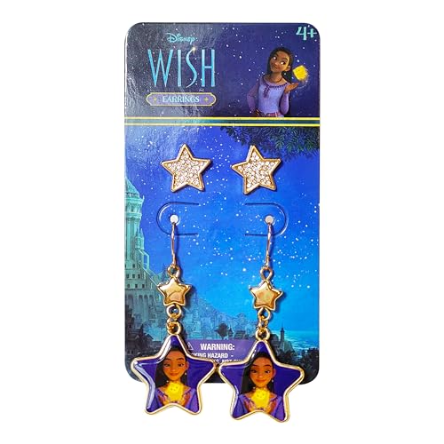 Disney Jewelry: 2 Disney Wish Hypoallergenic Earrings for Girls (1 Star Stud Earrings & 1 Fishhook Drop) Earring Sets with Charms One Size Fits All Girls Earrings, Disney Accessories for Girls Ages 4+