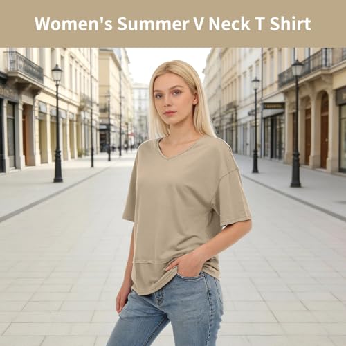 T-shirt col en V femme fluide et ample, le haut basique anti-complexes à manches courtes - 4