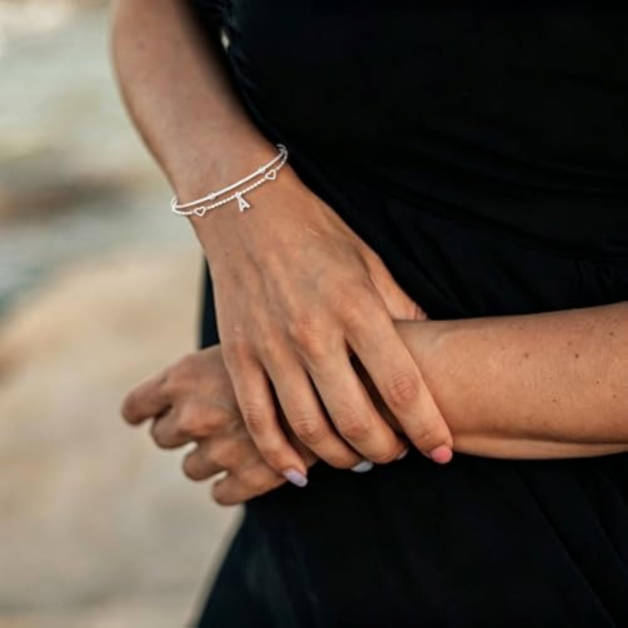 S925 Silver Heart Initial A-Z Layered Beads Bracelet