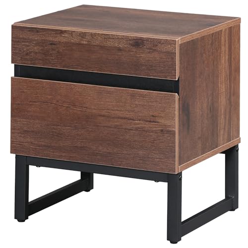 WAMPAT Nightstand with 2 Drawers for Bedroom, Modern Bedside Table with Black Square Iron Leg, Wood Rustic Side End Table for Living Room,Brwon