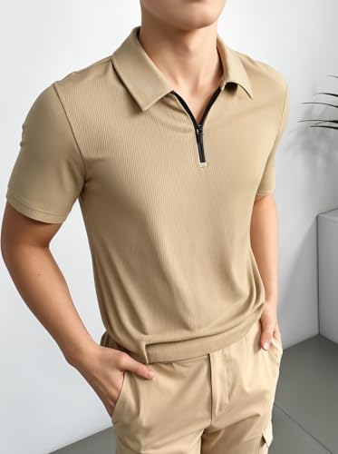 Image of Mack Jonney Ribbed |Regular Fit | Half Sleeves 100% Cotton Polo Neck Self Design with Zip T-Shirt for Men-M826