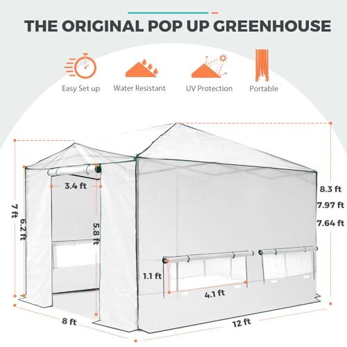Image of EAGLE PEAK 12x8 Easy Setup Pop Up Greenhouse, Support Pole, Clear /White