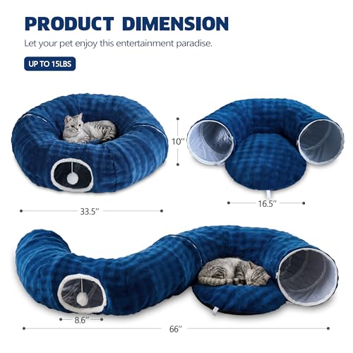 Image of Bubble Cat Tunnel for Indoor Cats, Round Peekaboo Cave Toy with Dangling Balls, Donut Tunnel Bed with Circle Mat for Puppy Kitten Rabbit, Navy Blue
