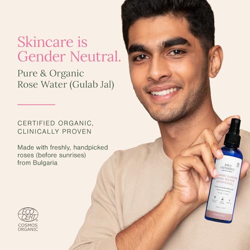 Image of Juicy Chemistry Organic Rose Water (Hydrosol), 200 ml | Face Toner for Glowing, Brighter and Hydrated Skin | Made with Bulgarian Damask Roses - Clinically Tested
