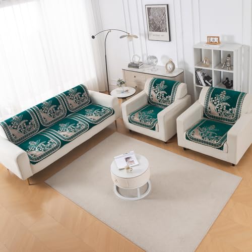 Image of HOKIPO Mehfil Teal Premium Chenille Jacquard Sofa Cover 5 Seater Set - Washable 3+1+1 Sofa Cover for Seat & Back | 'Royal Aangan Series' (IN-1008-L7*2 + IN-1006-L7*4)