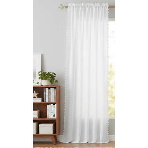 Image of HOMEMONDE Cotton Sheer Curtains Door 7 Feet Sun Light Filtering Curtain with Rod Pocket, Both Sides Pompoms, Pack of 1 - (White, 84 Inch)
