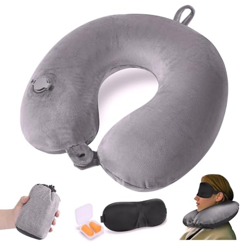 JetsCush Almohada de Viaje Hinchable, Cojin Cuello Viaje Compacto con Máscara para Ojos y Tapones para los Oídos, Almohada Viaje Cuello Hinchable en Avión, Tren o Oficina, Gris