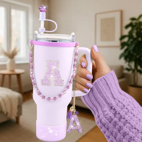 Hpebl 8PCS Purple for Stanley Cup Accessories 30/40 OZ Bling Rhinestones Initials Charms for Stanley Decorations Tumbler Accessories Set Including Diamond Straw Topper, Silicone Tumbler Boot(Letter L) - image 2