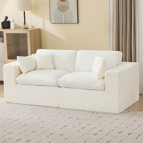 Image of 83''Cloud Boneless Sectional Couch, Modular Sectional Sofa Deep Seat, Upholstered Convertible Comfy Loveseat Chenille Memory Foam Sofa Couches for Living Room, Beige