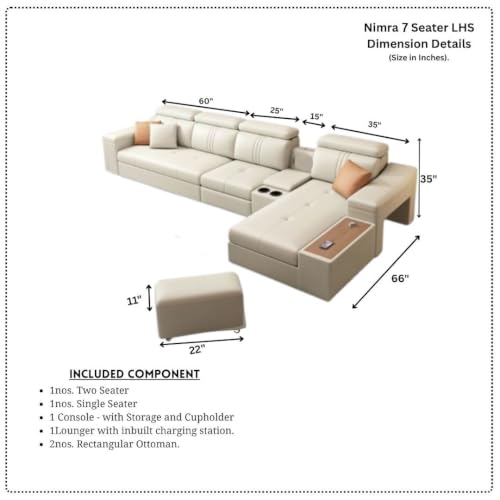 Image of Homax. Nimra Smart L-Shape 7-Seater Sectional Sofa Set with Console, Cup Holders, Charging Station & 2 Ottomans - Premium Leatherette Finish - Navy Blue Color Orientation LHS