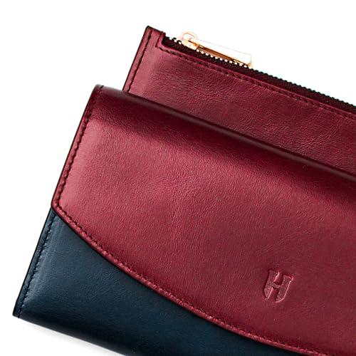 Handcrafted Full-Grain Leather Women’s Wallet, RFID Blocking, 12 Card Slots, 3 Compartments, Removable Zipper Coin Pouch, Gift Box & Pouch, Christmas & Birthday, Burgundy-Navy Blue2